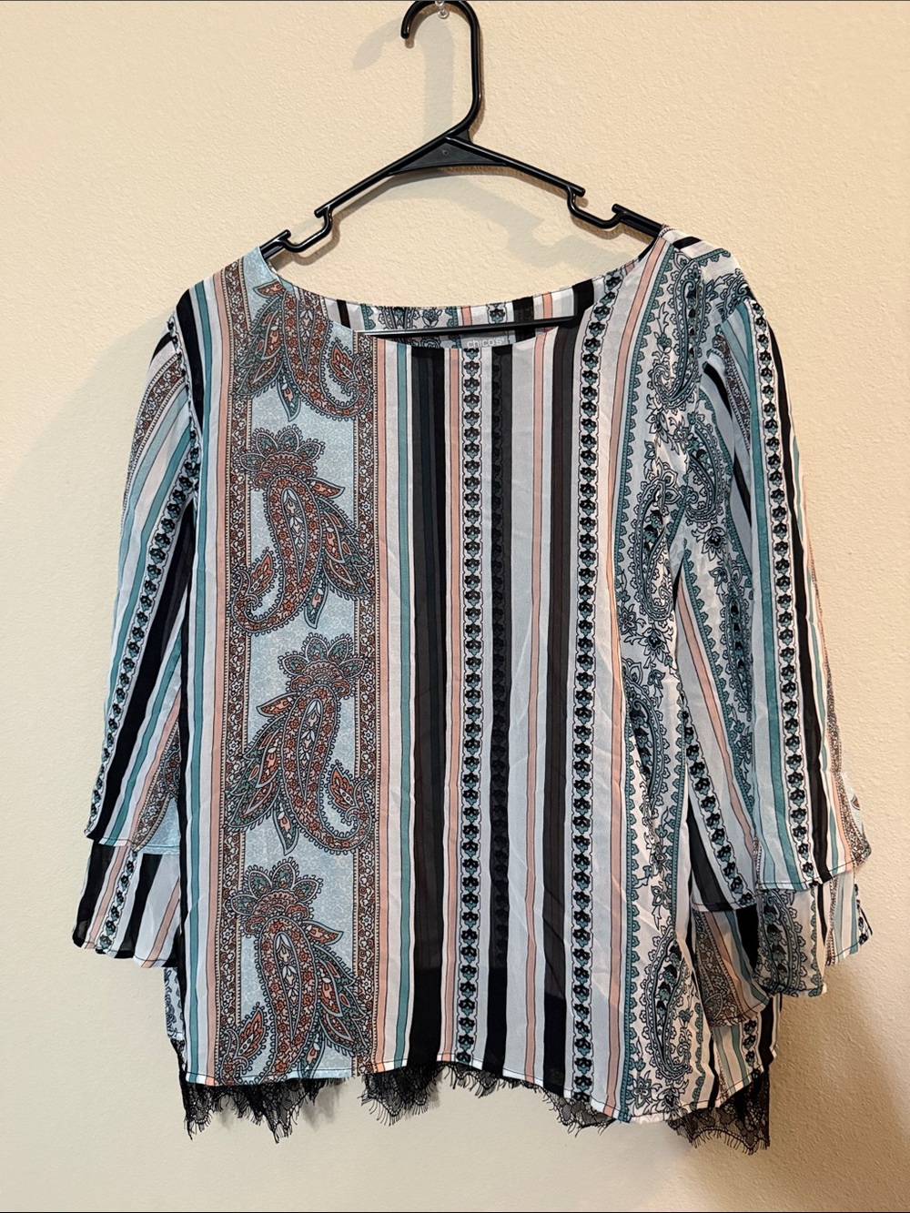 Chico's Striped Paisley Lace-Trim Blouse - Teal, Black, White, Rust